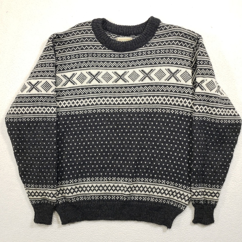 L.L. Bean Norway Sweater Womens Large Gray Fair Isle Wool Birdseye 0F959 Vintage
